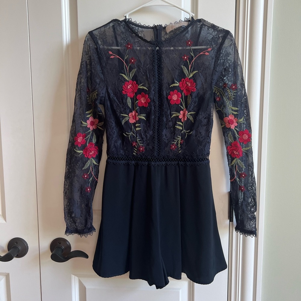 KeepSake Short Blue Embroidered Lace Romper-Size small